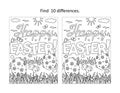 `Happy Easter!` holiday greeting find the differences picture puzzle and coloring page